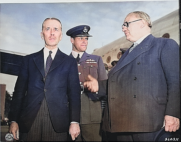 Sir Alexander Cadogan, Group Captain D. M. Somerville, and Ernest Bevin arriving at Gatow Airport in Berlin, Germany to attend the Potsdam Conference, 28 Jul 1945 [Colorized by WW2DB]