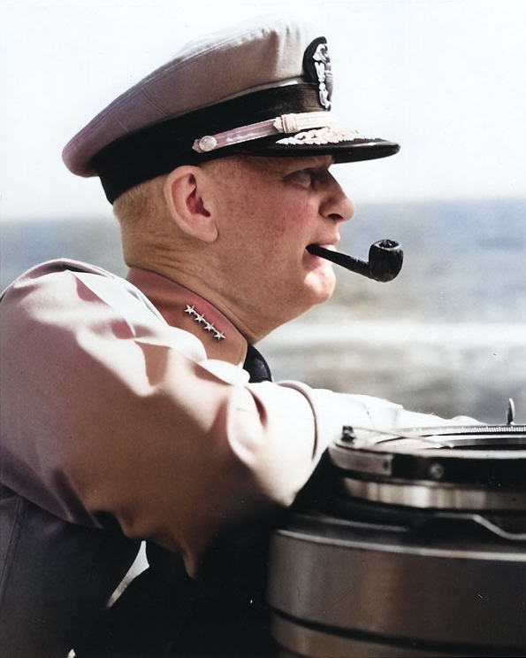 Admiral Burke smoking a pipe aboard a ship, circa 1955-1957 [Colorized by WW2DB]