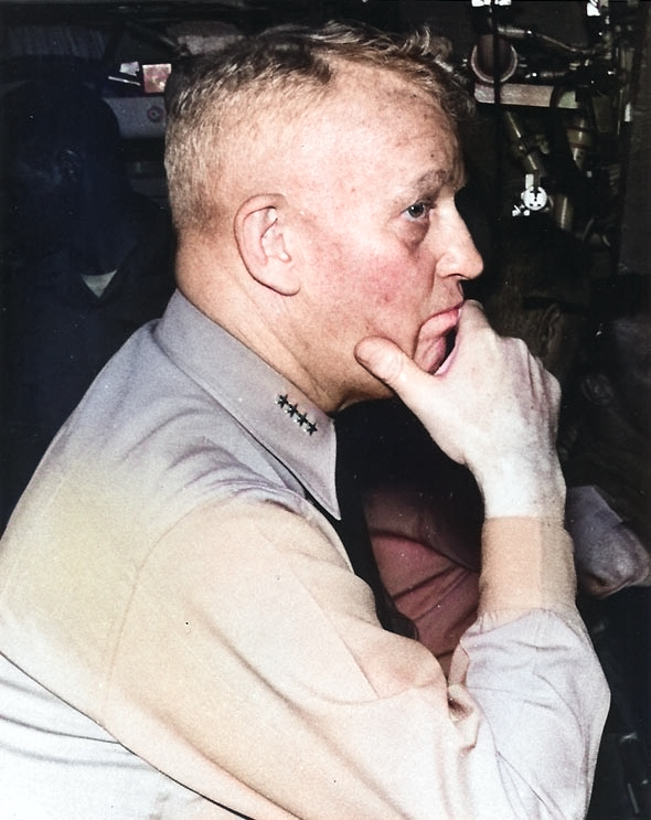 Admiral Burke onboard submarine Patrick Henry during the countdown for a 'Polaris' missile launch, off Cape Canaveral, Florida, United States, 22 Sep 1960, photo 1 of 2 [Colorized by WW2DB]