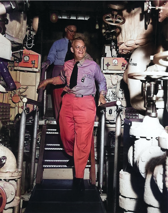 Rear Admiral Burke touring nuclear submarine USS Nautilus, New London Submarine Base, Groton, Connecticut, United States, 31 May 1955 [Colorized by WW2DB]