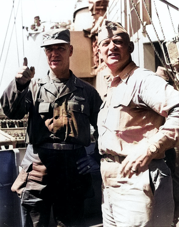 Lieutenant General James Van Fleet and Rear Admiral Arleigh Burke aboard cruiser Los Angeles, off Korea, 8 Jul 1951 [Colorized by WW2DB]