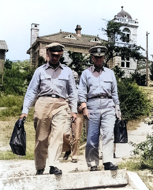 Major General Henry I. Hodes and Rear Admiral Arleigh A. Burke leaving the 'UN House', Kaesong, Korea, Aug 1951 [Colorized by WW2DB]