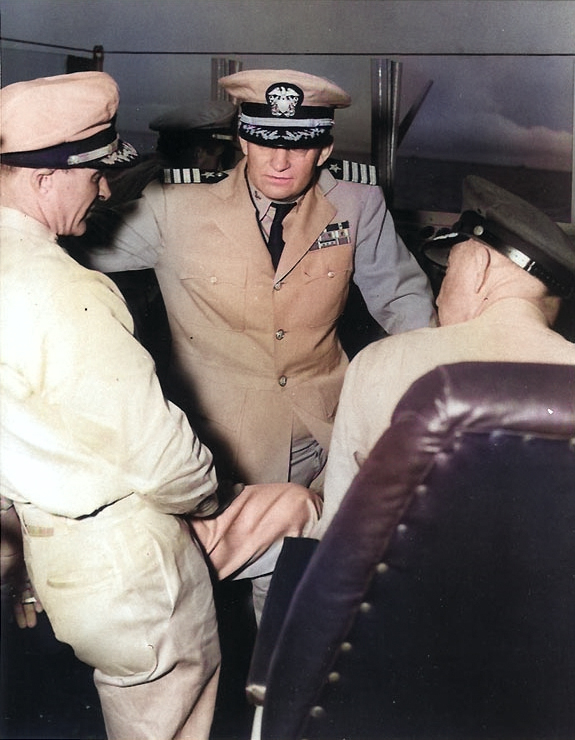 US Navy Captains Charles Weakley and Arleigh Burke, US Air Force General J. T. McNarney aboard destroyer Sarsfield during anti-submarine demonstration off Key West, Florida, United States, 23 Feb 1950 [Colorized by WW2DB]