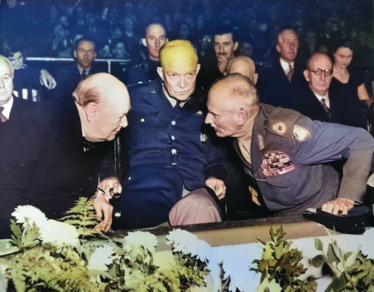 Churchill, Eisenhower, and Montgomery at a reunion of the British 8th Army, 19 Oct 1951 [Colorized by WW2DB]