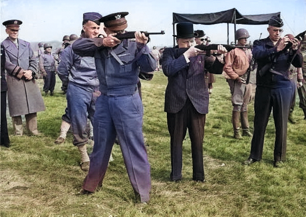 Major General Edward Brooks (behind Eisenhower) demonstrating M1 Carbines to Dwight Eisenhower, Winston Churchill, and Omar Bradley, England, United Kingdom, 15 May 1944, photo 2 of 2 [Colorized by WW2DB]