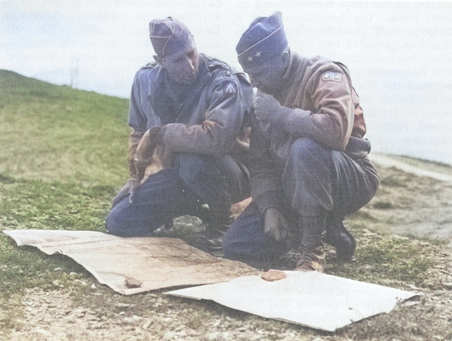 Mark Clark and Geoffrey Keyes studying a map in the field, Italy, 1943-1945 [Colorized by WW2DB]