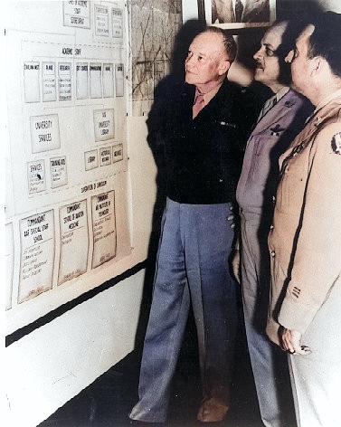 General Dwight Eisenhower, Major General Muir Fairchild, and Major General David Schlatter at the Air University, Maxwell Field, Alabama, United States, 9 Apr 1947 [Colorized by WW2DB]