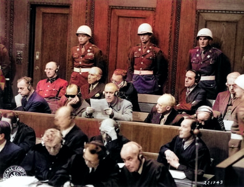 Frank, Frick, Funk, Jodl, Rosenberg, Seyß-Inquart, Speer, Streicher, Neurath, and Papen at the Nuremberg Trial, Germany, 27 Nov 1945 [Colorized by WW2DB]