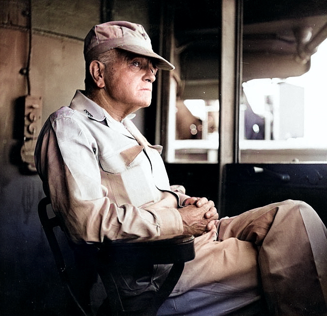 Halsey at the bridge of his flagship USS New Jersey, Dec 1944 [Colorized by WW2DB]