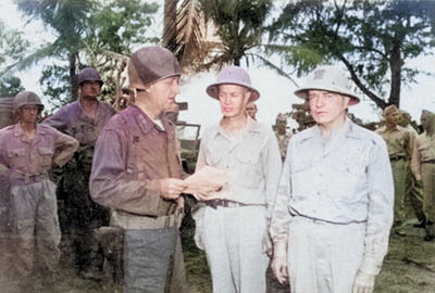 General Paul Mueller welcoming Admiral William Halsey to Angaur, Palau Islands, Nov 1944 [Colorized by WW2DB]