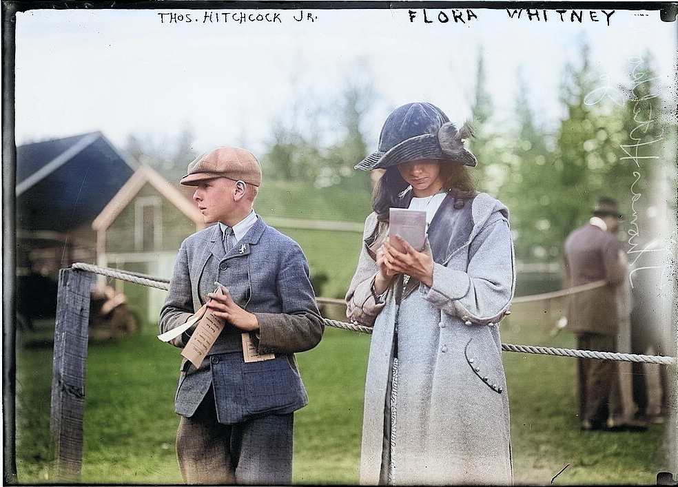 Thomas Hitchcock, Jr. and Flora Whitney at Belmont Park, New York, United States, 4 May 1912 [Colorized by WW2DB]
