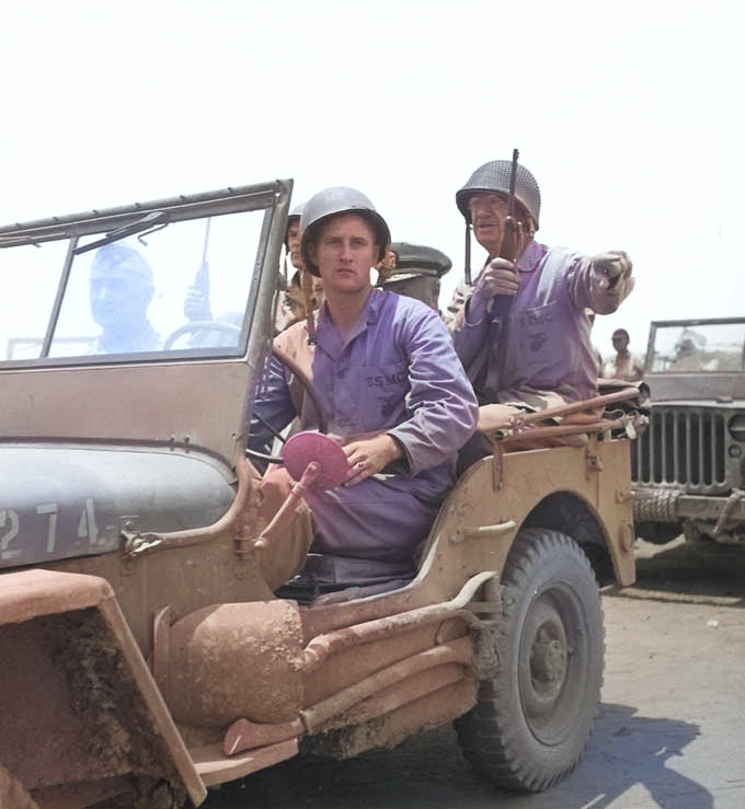 Holland Smith on a Jeep on Saipan, Mariana Islands, circa Jul 1944 [Colorized by WW2DB]