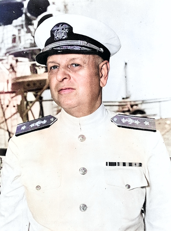 Rear Admiral Husband Kimmel, commanding officer of US Navy Cruiser Division Seven, probably on board his flagship USS San Francisco, circa 1939 [Colorized by WW2DB]