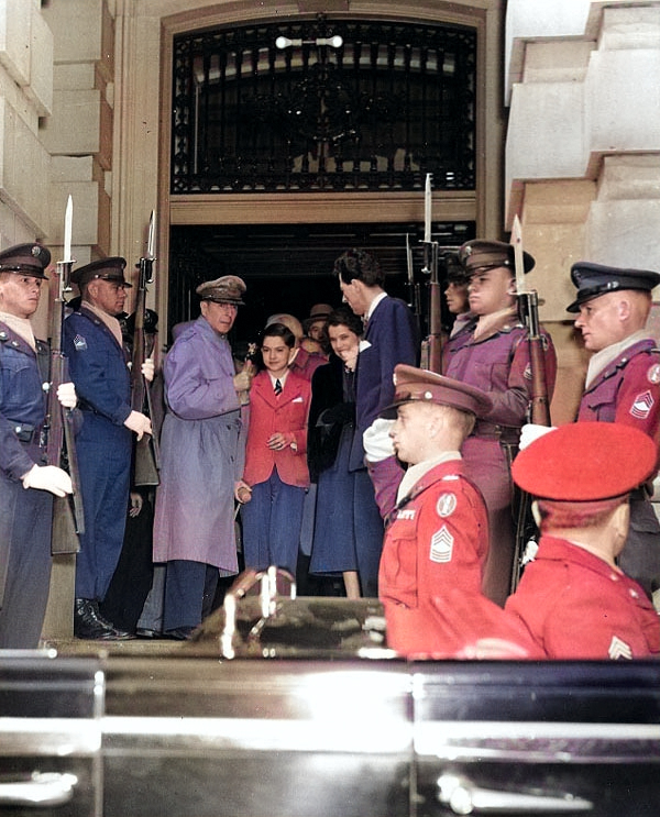 Douglas MacArthur with son Arthur and wife Jean at the US Capitol Building, Washington, DC, after addressing a joint session of Congress, 19 Apr 1951 [Colorized by WW2DB]