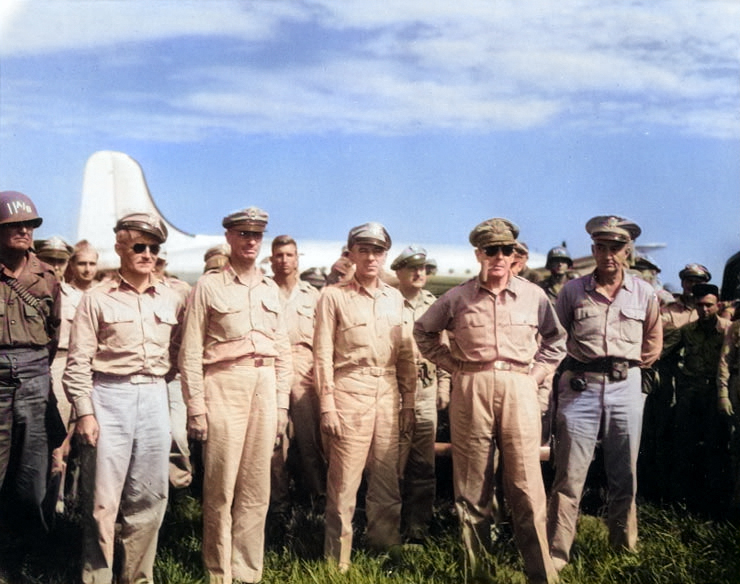 Douglas MacArthur arriving at Atsugi Airfield near Tokyo, Japan, 30 Aug 1945; note Major General Joseph Swing, Lieutenat General Richard Sutherland, and General Robert Eichelberger [Colorized by WW2DB]