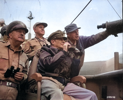 Courtney Whitney, Douglas MacArthur, and Edward Almond aboard AGC Mount McKinley during the Inchon landings, 15 Sep 1950, photo 2 of 2 [Colorized by WW2DB]