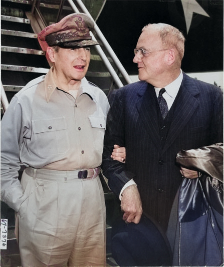 Douglas MacArthur greeted John Foster Dulles at Haneda Air Force Base, Tokyo, Japan, 21 Jun 1950 [Colorized by WW2DB]