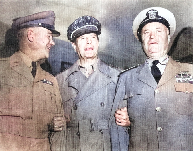 Americans General J. Lawton Collins, General Douglas MacArthur, and Admiral Forest Sherman in Korea during the planning sessions for the Inchon landings, 1950 [Colorized by WW2DB]