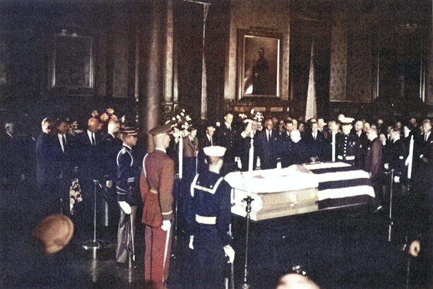 Private service for Douglas MacArthur at the 7th Regiment Armory, New York, New York, United States, 7 Apr 1964 [Colorized by WW2DB]