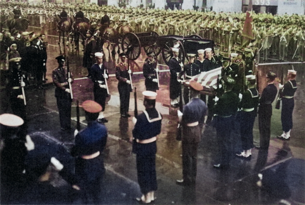 Douglas MacArthur's casket being carried through a honor cordon at Pennsylvania Station, New York, New York, United States, 8 Apr 1964 [Colorized by WW2DB]