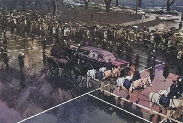 Funeral procession of Douglas MacArthur on Constitution Avenue, Washington DC, United States, 8 Apr 1964 [Colorized by WW2DB]