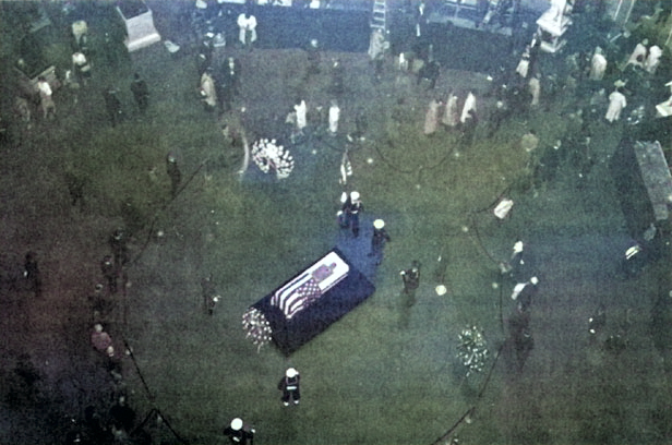 Douglas MacArthur's casket at the rotunda of the Capitol building, Washington DC, United States, 8-9 Apr 1964 [Colorized by WW2DB]