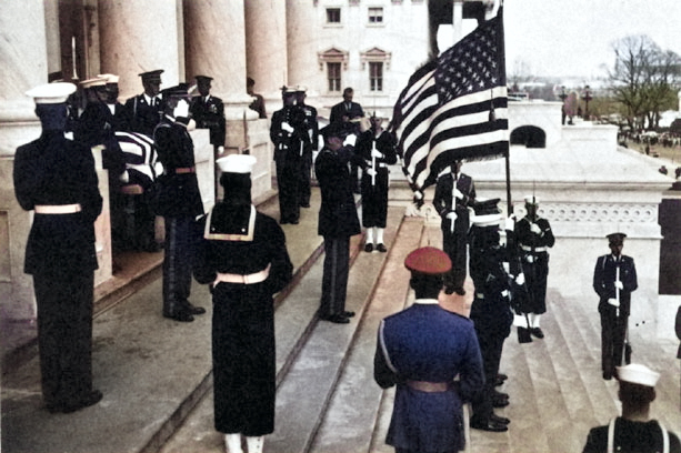 Douglas MacArthur's funeral procession halting at the steps on the eastern side of the Capitol building, Washington DC, United States, 9 Apr 1964 [Colorized by WW2DB]