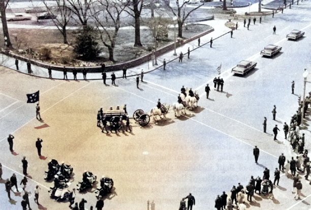 Funeral procession of Douglas MacArthur turning onto Constitution Avenue, Washington DC, United States, 9 Apr 1964; the procession was heading toward Washington National Airport [Colorized by WW2DB]