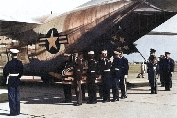 Casket carrying Douglas MacArthur's body arrived at Naval Air Station, Norfolk, Virginia, United States, 9 Apr 1964 [Colorized by WW2DB]