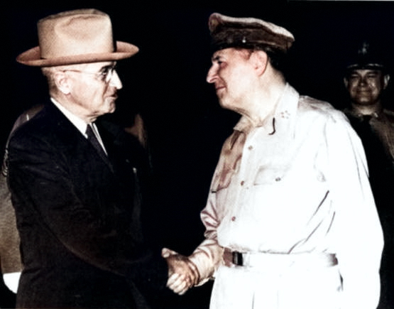President Truman and General MacArthur at Wake Island, 15 Oct 1950 [Colorized by WW2DB]