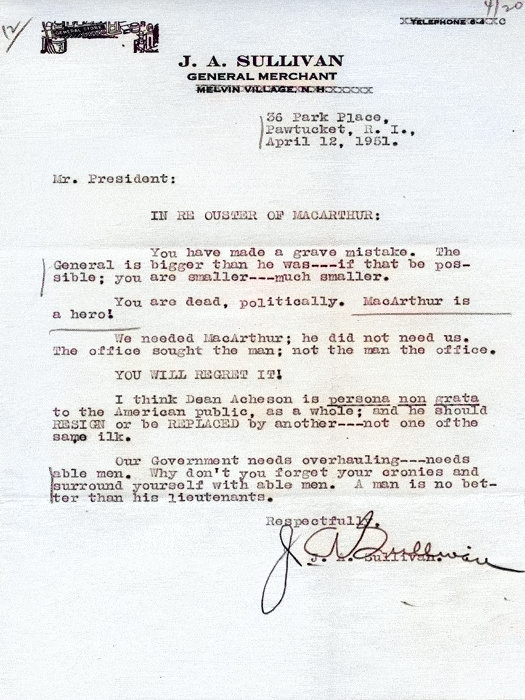 A letter from J. A. Sullivan to Harry Truman protesting the firing of Douglas MacArthur, 12 Apr 1951 [Colorized by WW2DB]