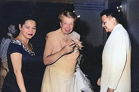 Luz Magsaysay, Eleanor Roosevelt, and Ramón Magsaysay in Manila, Philippines, 26 Aug 1955 [Colorized by WW2DB]