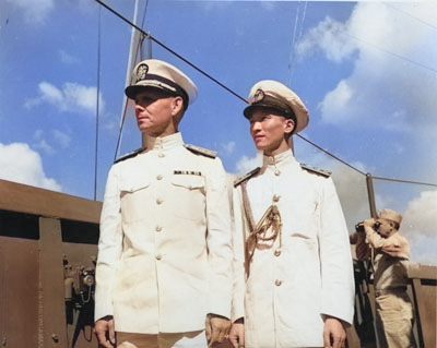 Milton Miles with a Chinese Navy officer, China, date unknown [Colorized by WW2DB]