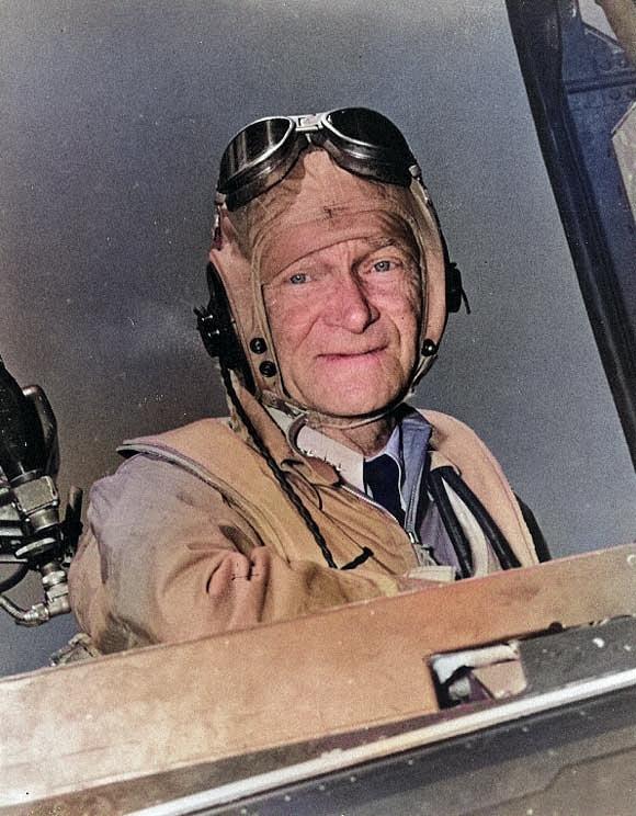 Mitscher in cockpit on board USS Franklin D. Roosevelt, 15 May 1946 [Colorized by WW2DB]