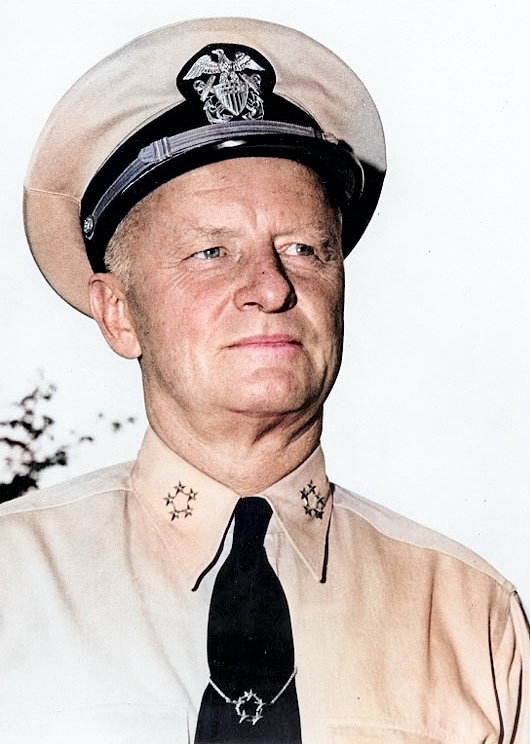 Portrait of US Navy Fleet Admiral Chester Nimitz, circa early 1945; note five-star tie clasp, which was a gift to him [Colorized by WW2DB]