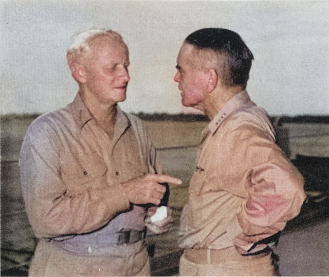 Chester Nimitz and William Halsey aboard USS Curtiss at 'Button' Naval Base, Espiritu Santo, New Hebrides, 20 Jan 1943, photo 2 of 2 [Colorized by WW2DB]