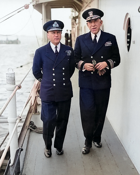 Royal Navy Admiral Sir Bertram Ramsay, Naval commander of the Normandy operations, and US Navy Rear Admiral John L. Hall, Jr., commander of amphibious operations, aboard AGC-4 USS Ancon, 25 May 1944, the day King George VI visited the ship [Colorized by WW2DB]