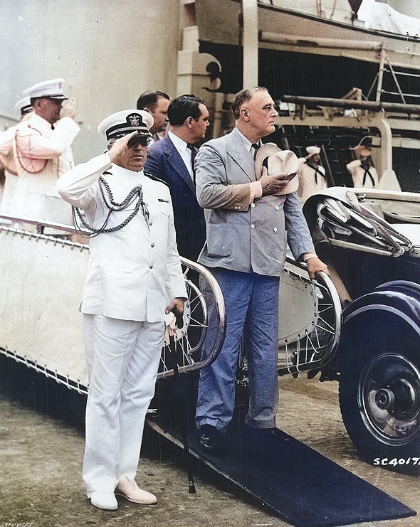 Roosevelt and his Naval Aide, Captain Daniel J. Callaghan, taking the salute of a composite Battalion of the 14th Infantry at Gatun Locks, Panama Canal Zone, 18 Feb 1940 [Colorized by WW2DB]