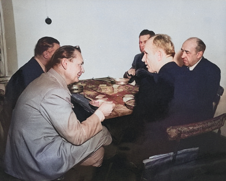 Göring, Dönitz, Funk, Schirach, and Rosenberg eating lunch during the Nuremberg Trials, Nürnberg, Germany, 1945-1946 [Colorized by WW2DB]