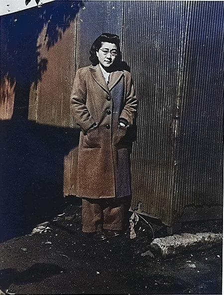 Iva Toguri at Radio Tokyo, Japan, 5 Dec 1944, photo 5 of 5 [Colorized by WW2DB]