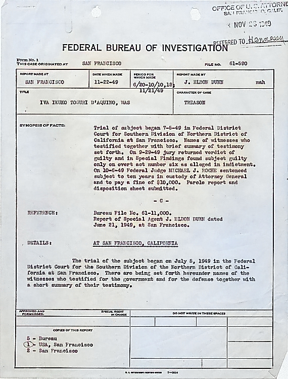 Synopsis of the criminal trial of Iva Ikuko Toguri D'Aquino by J. Eldon Dunn of US Federal Bureau of Investigation, dated 22 Nov 1949 [Colorized by WW2DB]