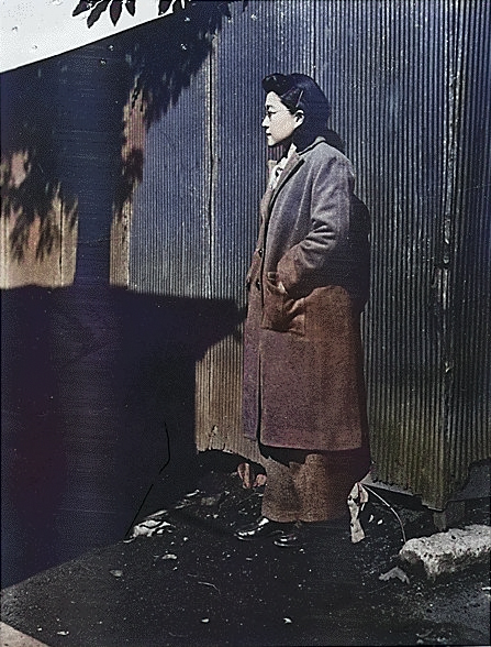 Iva Toguri at Radio Tokyo, Japan, 5 Dec 1944, photo 4 of 5 [Colorized by WW2DB]