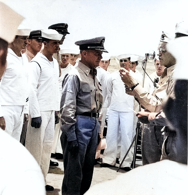 Commander Arnold True, commanding officer of USS Hammann during Battle of Midway, receiving Navy Cross award from William Halsey, Oct 1942 [Colorized by WW2DB]