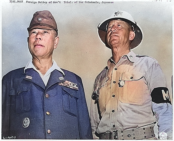 Yamashita with MP-Major Kenworthy, Manila, Nov 1945 [Colorized by WW2DB]