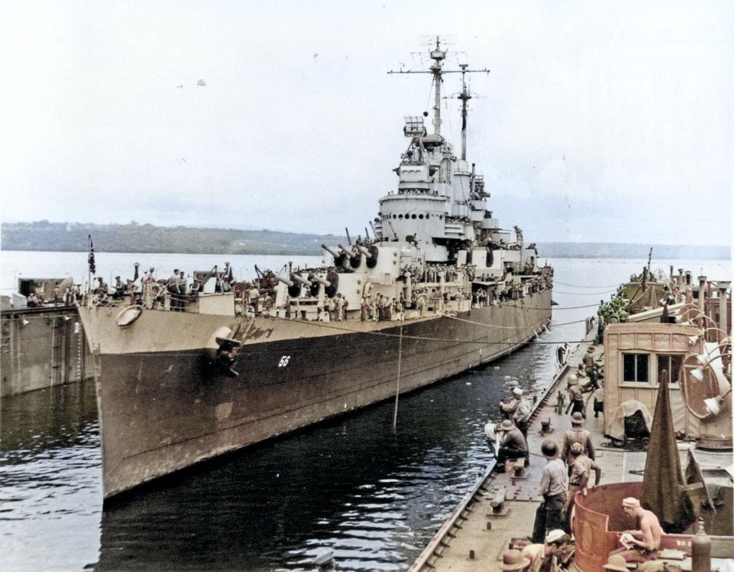 USS ABSD-1 with USS Columbia in the dock, Espiritu Santo, New Hebrides, Jan 1944 [Colorized by WW2DB]