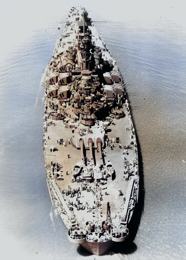 High-angle view of the stern of USS Alabama, off Norfolk Naval Shipyard, Virginia, United States, 20 Aug 1943 [Colorized by WW2DB]