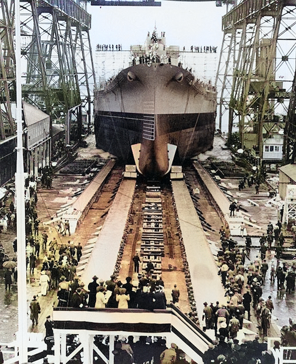 Launching of battleship Alabama, Norfolk Naval Shipyard, Portsmouth, Virginia, United States, 16 Feb 1942 [Colorized by WW2DB]