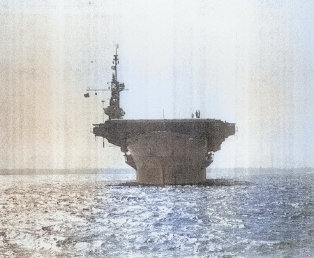 Bow view of USS Coral Sea, Sep 1943 [Colorized by WW2DB]