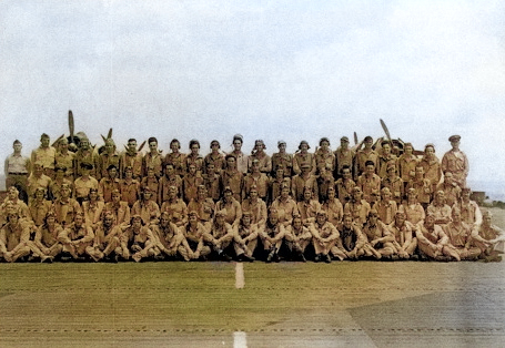 Group portrait of the personel of US Navy squadron VC-33 aboard USS Coral Sea, 8 Jun 1944 [Colorized by WW2DB]