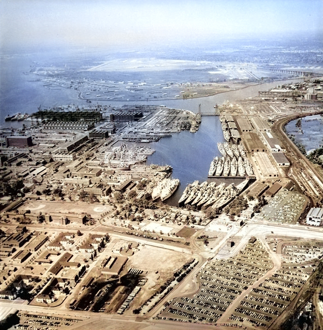 Aerial view of the Reserve Fleet Basin at the Philadelphia Navy Yard, Pennsylvania, United States, 19 May 1955 [Colorized by WW2DB]